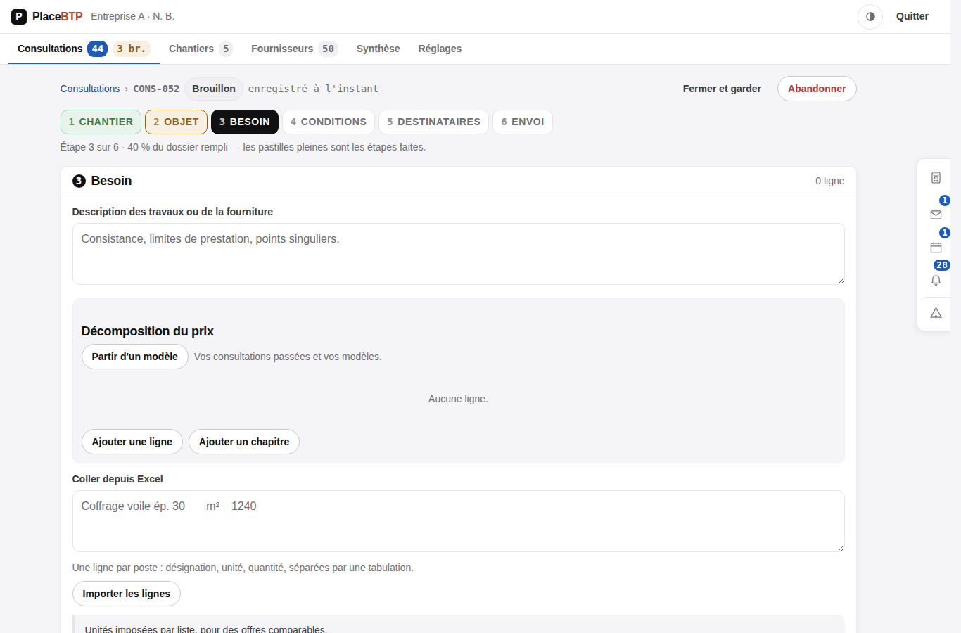 L'assistant de consultation : les postes proposés d'après le chantier et sa phase.